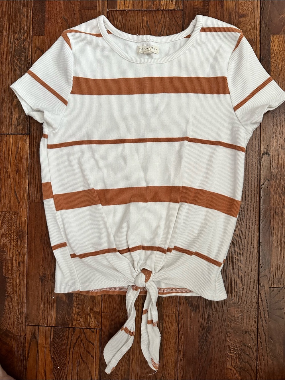 Copper Key Tie-Front Striped Short Sleeve Top - White & Rust